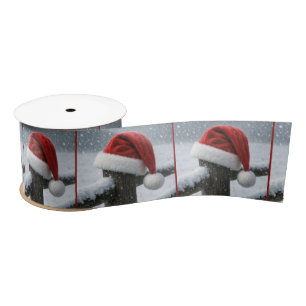 Santa Hat On a Snowy Fence Post Satin Ribbon
