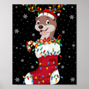 Santa Hat Otter Animal In Socks Xmas Tree Lights Poster