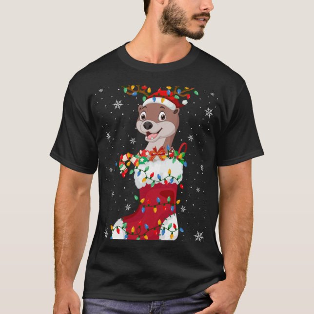 Santa Hat Otter Animal In Socks Xmas Tree Lights T T-Shirt (Front)