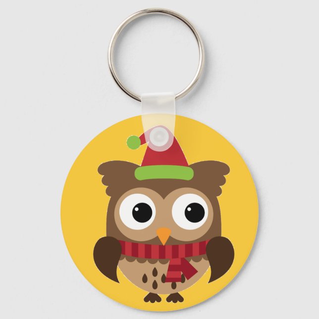 Santa Hat Owl with Red Scarf Button Keychain (Front)