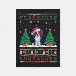 Santa Hat Papillon Dog Christmas Tree Lights Ugly  Fleece Blanket