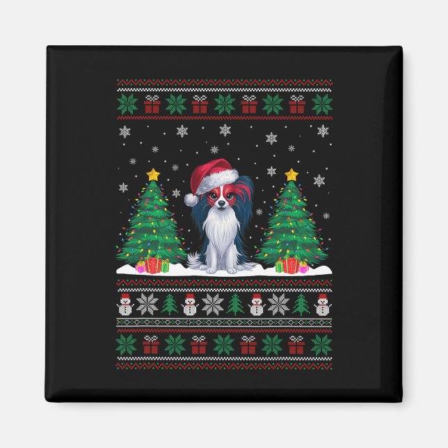 Santa Hat Papillon Dog Christmas Tree Lights Ugly  Magnet (Front)