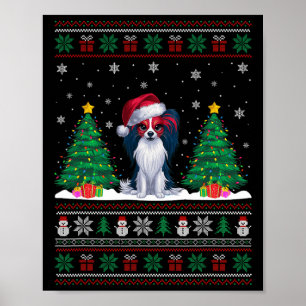Santa Hat Papillon Dog Christmas Tree Lights Ugly Poster