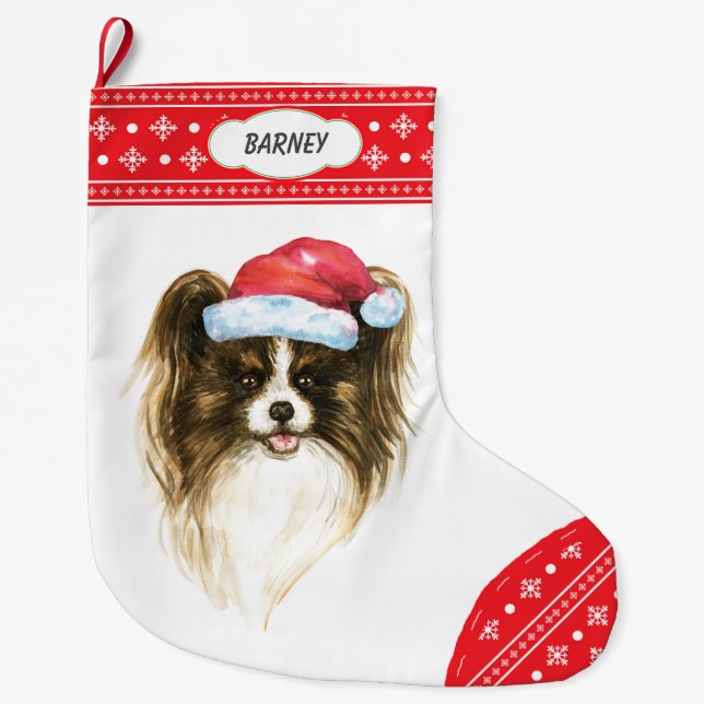 Santa Hat Papillon Dog Snowflake Border Large Christmas Stocking (Front)