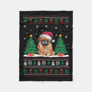 Santa Hat Pekingese Dog Christmas Tree Lights Ugly Fleece Blanket