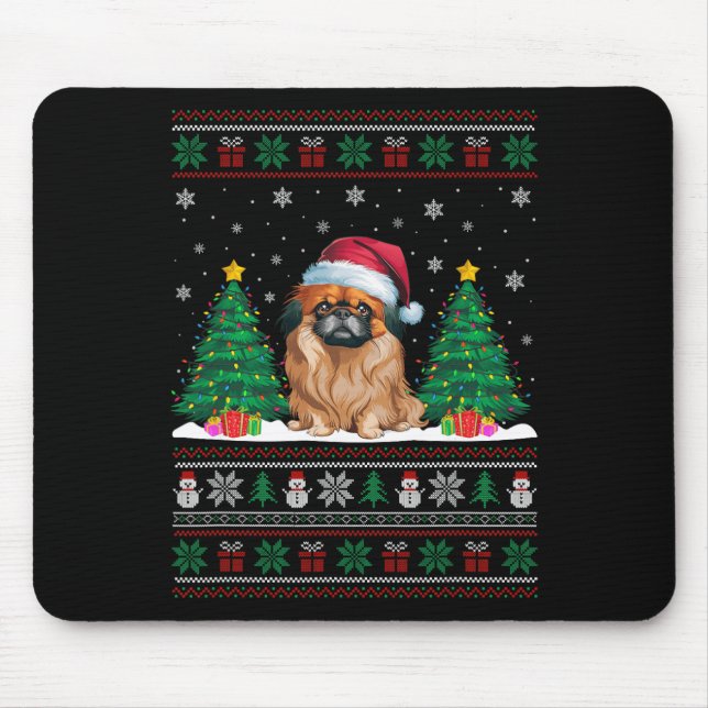 Santa Hat Pekingese Dog Christmas Tree Lights Ugly Mouse Pad (Front)