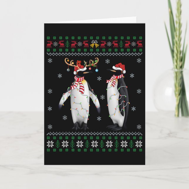 Santa Hat Penguin Bird Xmas Lighting Ugly Penguin  Card (Front)