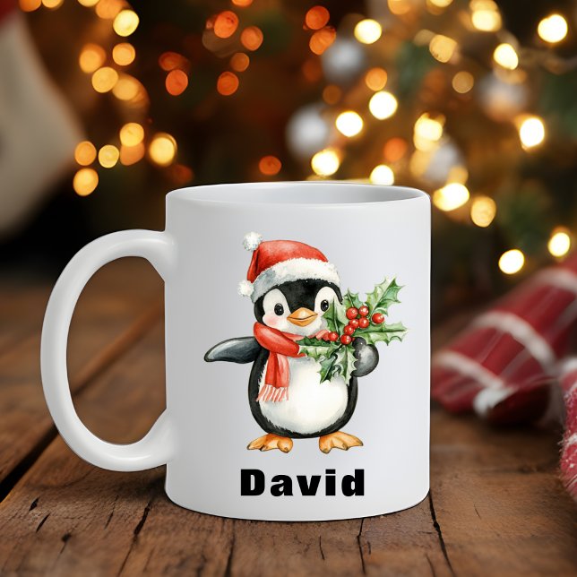 Santa Hat Penguin Holding Christmas Holly Coffee Mug (Santa Hat Penguin Holding Christmas Holly Coffee Mug)