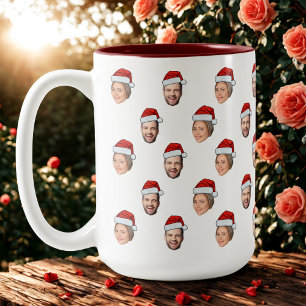 Santa Hat Personalised Face 2 Photo Christmas Gift Two-Tone Coffee Mug