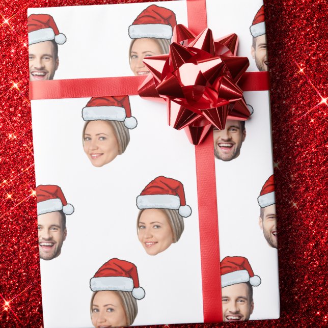 Santa Hat Personalised Face 2 Photo Christmas Gift Wrapping Paper (Creator Uploaded)