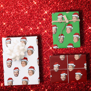 Santa Hat Personalised Face 2 Photo Christmas Gift Wrapping Paper Sheet