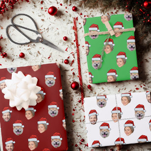 Santa Hat Personalised Face 3 Photo Christmas Gift Wrapping Paper Sheet