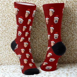 Santa Hat Personalized Face 3 Photo Christmas Gift Socks