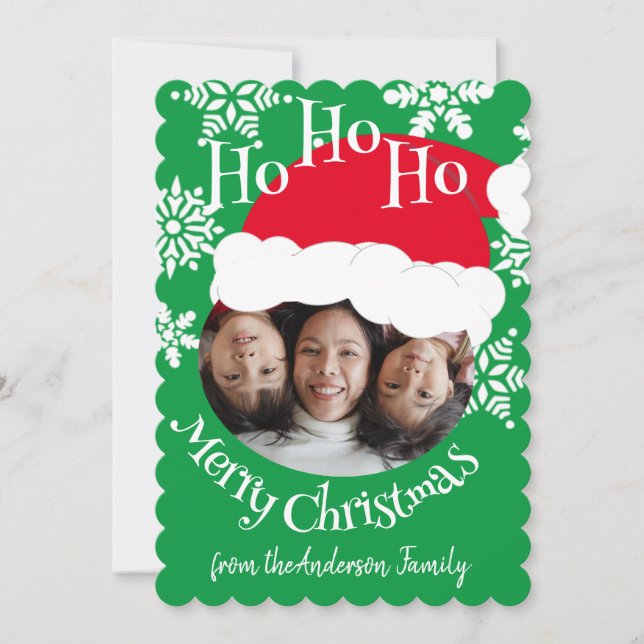 Santa Hat Photo Ho Ho Ho Merry Christmas Green Holiday Card (Front)