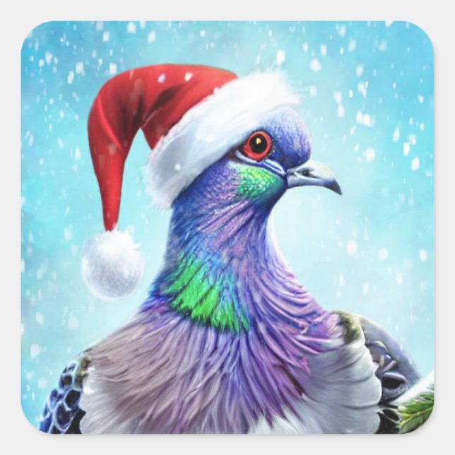 Santa Hat Pigeon in Falling Snow Christmas Square Sticker (Front)