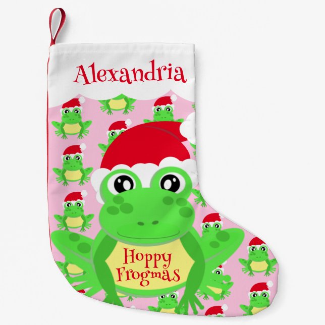 Santa Hat Pink Frog Cartoon Pattern Name Novelty Small Christmas Stocking (Front)