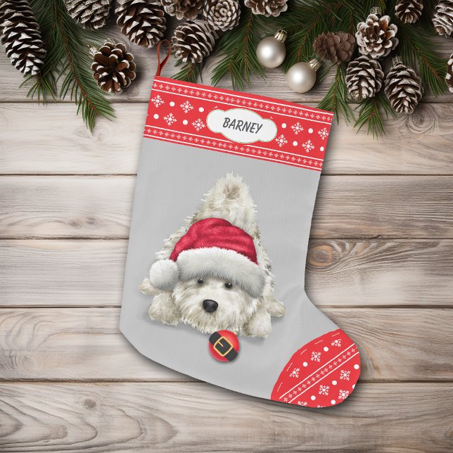 Santa Hat Playful Westie Snowflake Border Large Christmas Stocking (Creator Uploaded)