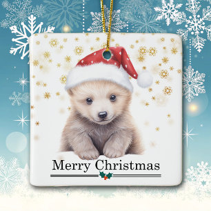 Santa Hat Polar Bear Cub Merry Christmas Ceramic Ornament