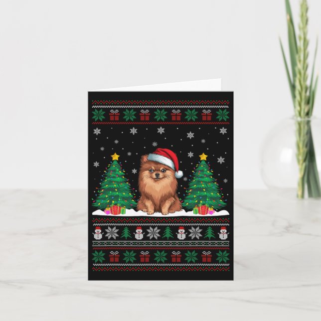 Santa Hat Pomeranian Dog Christmas Tree Lights Ugl Card (Front)