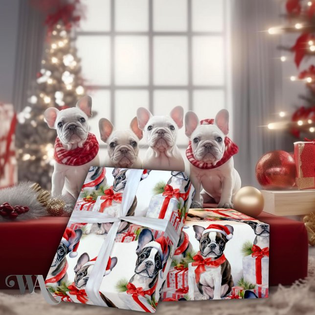 Santa Hat Pup Party Frenchie Gift  Wrapping Paper (Creator Uploaded)