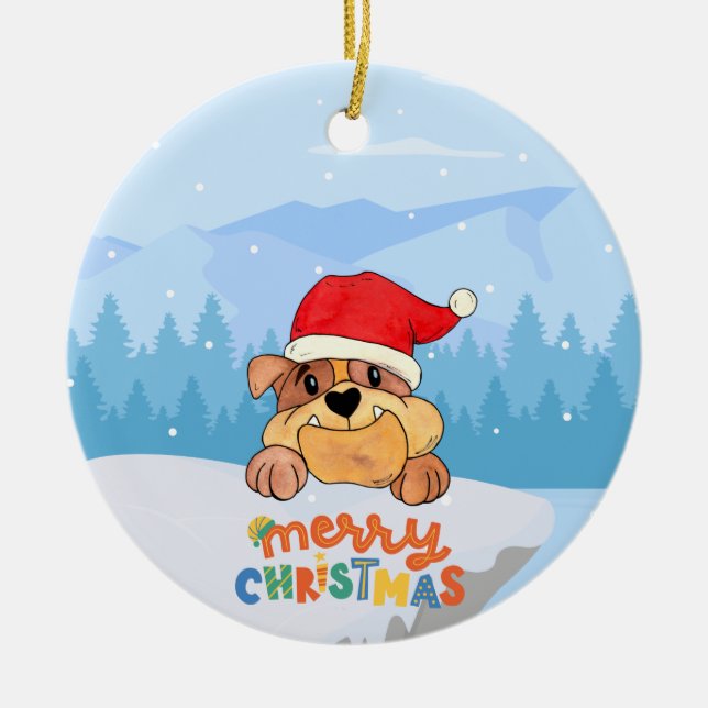Santa Hat Puppy Snow Christmas Ceramic Ornament (Front)