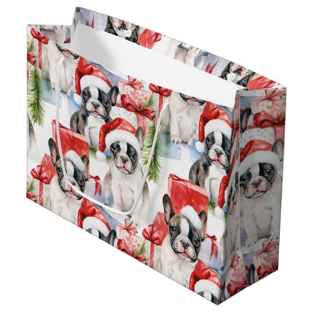 Santa Hat Pups Frenchie  Large Gift Bag (Front Angled)