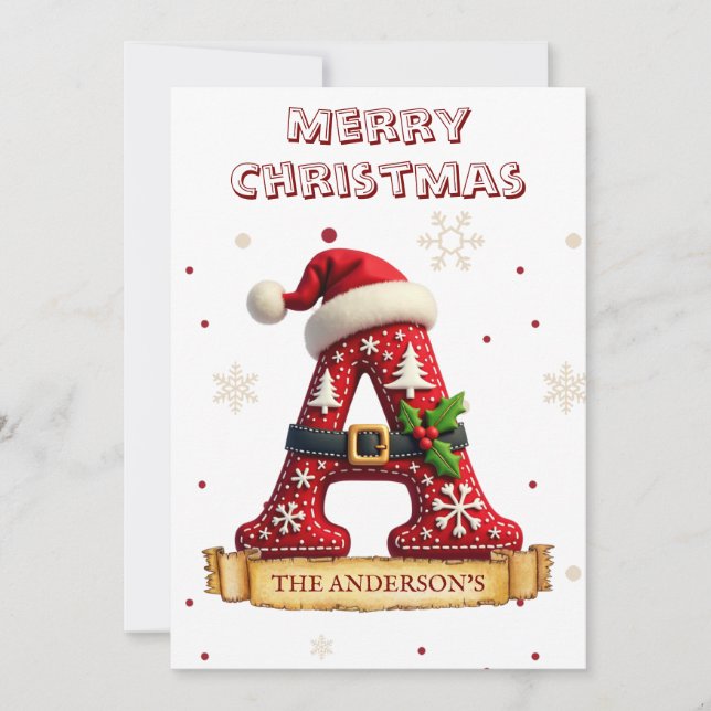 Santa Hat Red Christmas Letter A Name Card (Front)