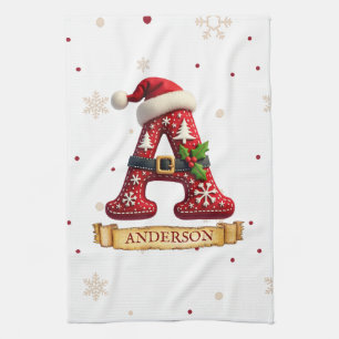 Santa Hat Red Christmas Letter A Name Tea Towel