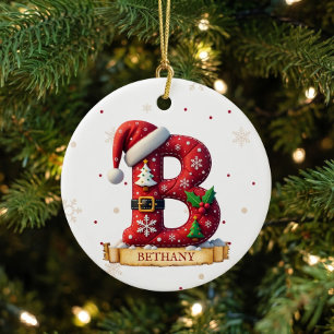Santa Hat Red Christmas Letter B Name Ceramic Tree Decoration
