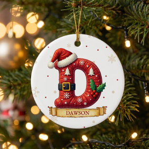 Santa Hat Red Christmas Letter D Name Ceramic Tree Decoration