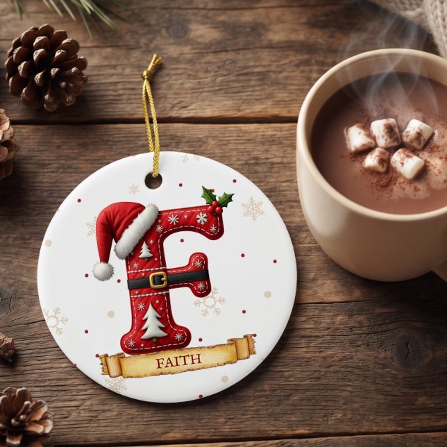 Santa Hat Red Christmas Letter F Name Ceramic Tree Decoration (Creator Uploaded)