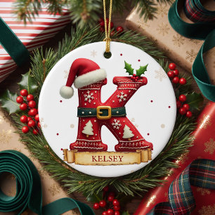 Santa Hat Red Christmas Letter K Name Ceramic Tree Decoration
