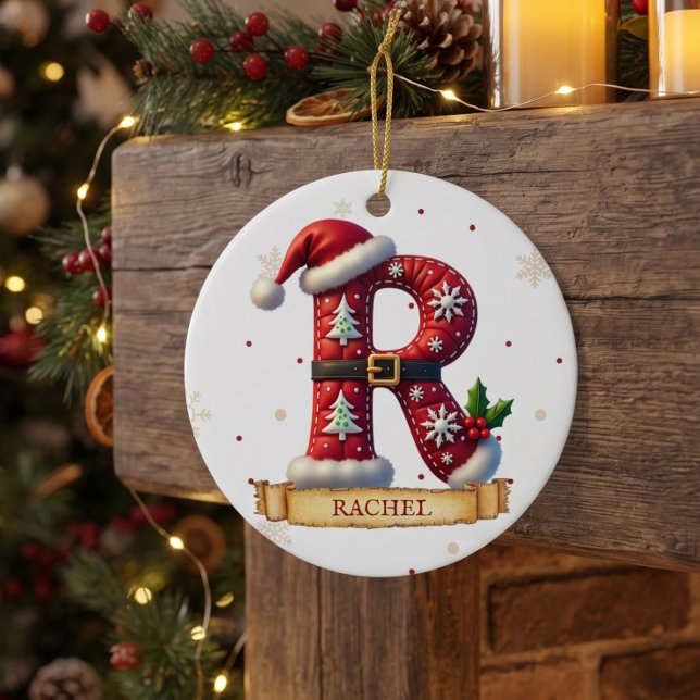 Santa Hat Red Christmas Letter R Name Ceramic Tree Decoration (Creator Uploaded)