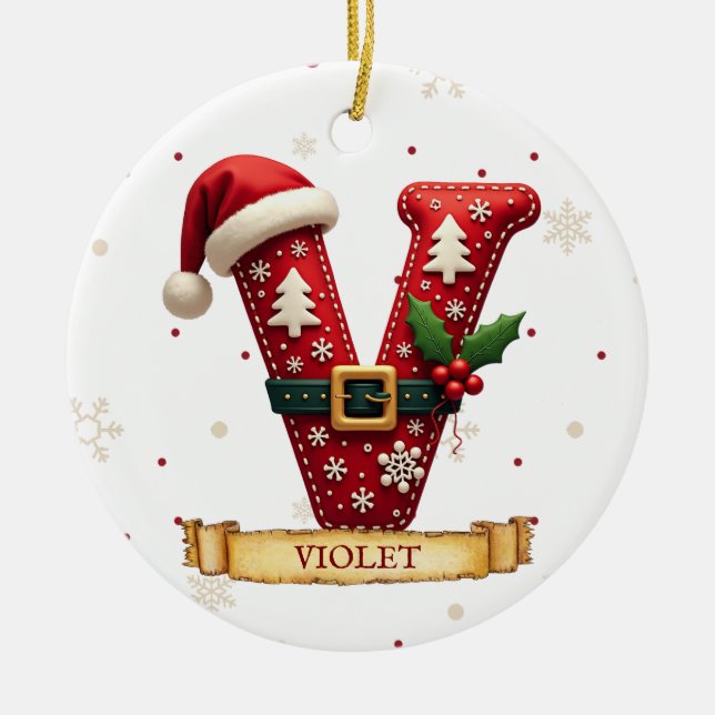 Santa Hat Red Christmas Letter V Name Ceramic Tree Decoration (Front)