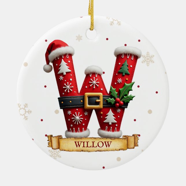 Santa Hat Red Christmas Letter W Name Ceramic Tree Decoration (Back)