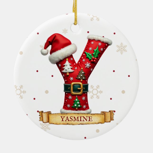 Santa Hat Red Christmas Letter Y Name Ceramic Tree Decoration (Back)