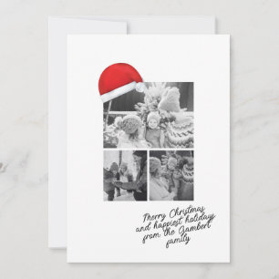 Santa Hat Red Merry Christmas Script Three Photo Holiday Card