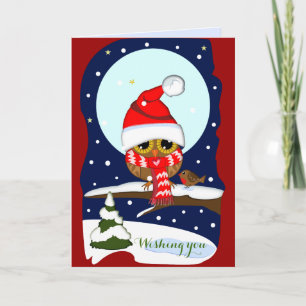 Santa hat, red scarf Owl & custom text Xmas card