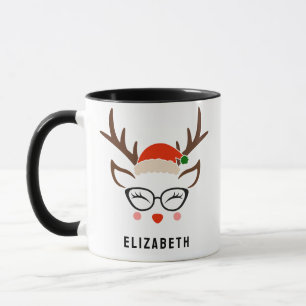 Santa Hat Reindeer Cute Girl Christmas Black Mug
