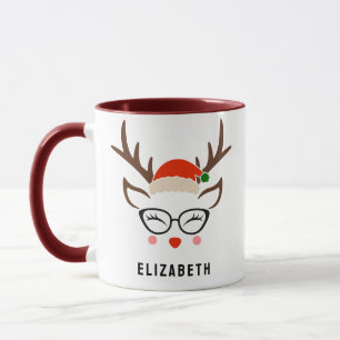 Santa Hat Reindeer Cute Girl Christmas Maroon Mug