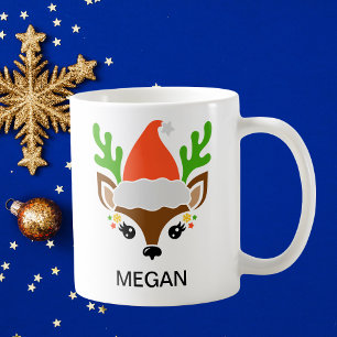 Santa Hat Reindeer Face Holiday Coffee Mug