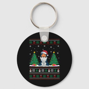 Santa Hat Rough Collie Dog Xmas Tree Lights Ugly S Key Ring