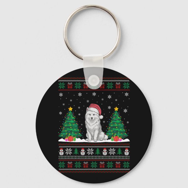 Santa Hat Samoyed Dog Christmas Tree Lights Ugly S Key Ring (Front)