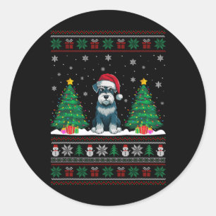 Santa Hat Schnauzer Dog Christmas Tree Lights Ugly Classic Round Sticker