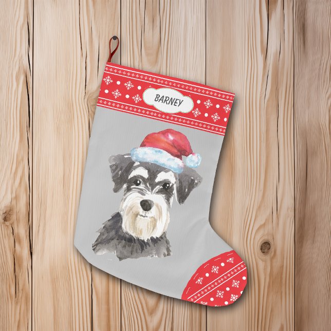 Santa Hat Schnauzer Snowflake Border Large Christmas Stocking (Creator Uploaded)