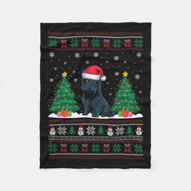 Santa Hat Scottie Dog Christmas Tree Lights Ugly S Fleece Blanket (Front)