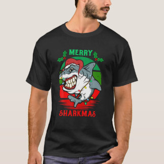 Santa Hat Shark Merry Sharkmas Christmas Red Waves T-Shirt