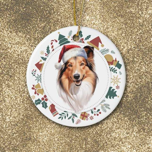 Santa Hat Shetland Sheepdog Christmas Wreath Ceramic Tree Decoration (Creator Uploaded)