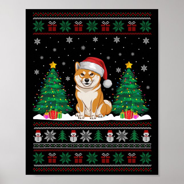 Santa Hat Shiba Inu Dog Christmas Tree Lights Ugly Poster (Front)
