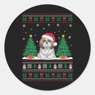 Santa Hat Shih Tzu Dog Christmas Tree Lights Ugly Classic Round Sticker